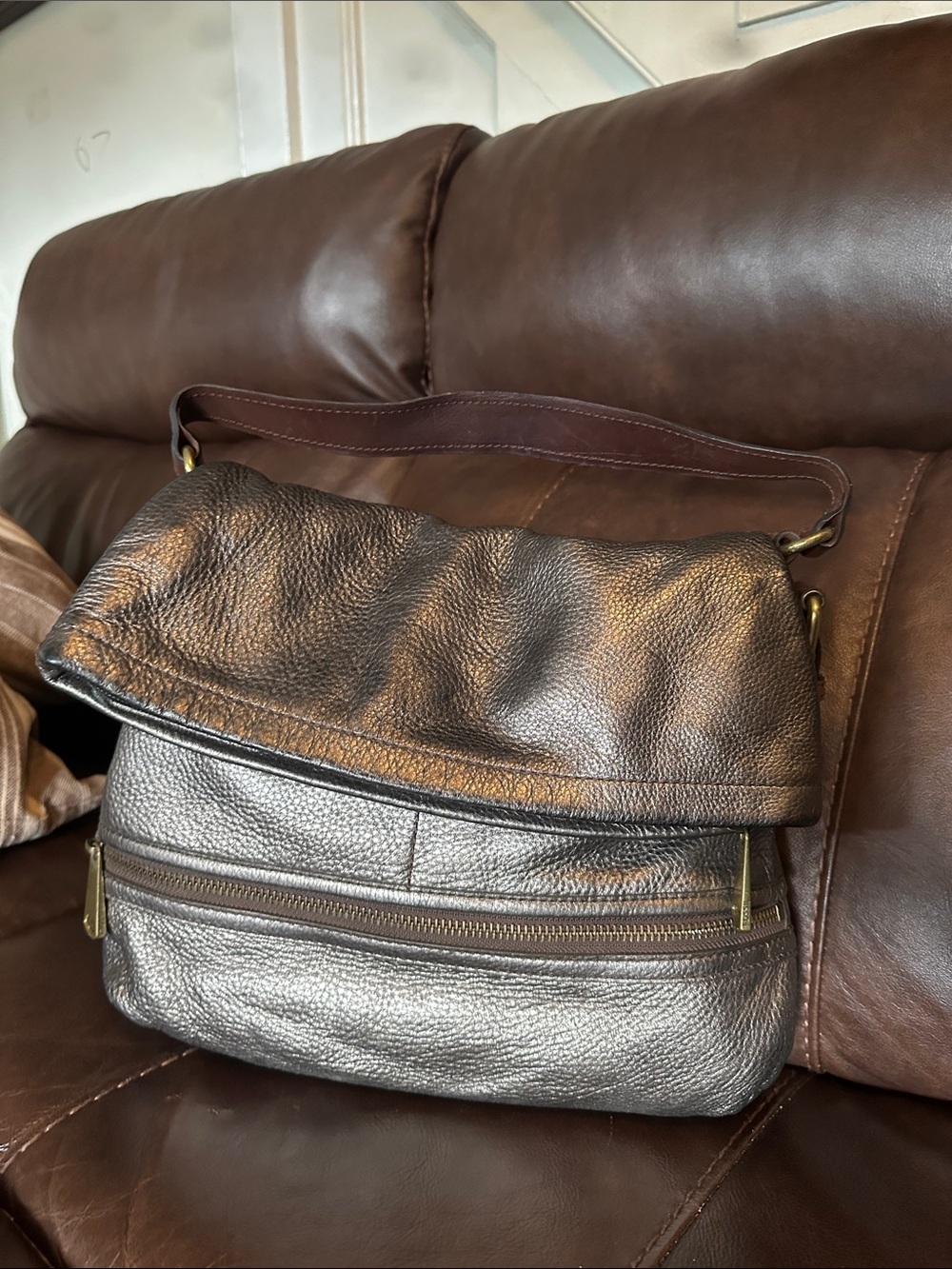 Fossil Metallic Brown Leather Shoulder Bag